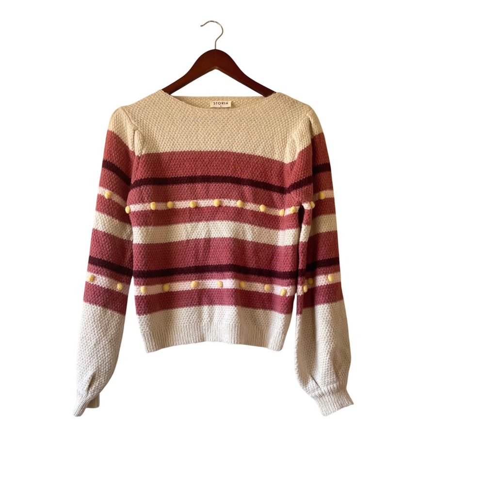 Storia Womens Striped Pom Pom Knit Sweater Pink Cream Mohair Blend Small